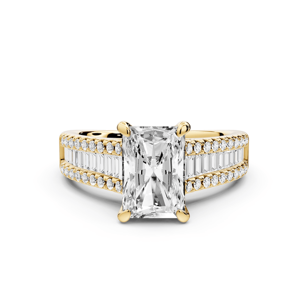 Estelle - 2ct 14k yellow gold radiant diamond with emerald and round cut accent stones half band cathedral engagement ring - Mr. Alex Jewelry