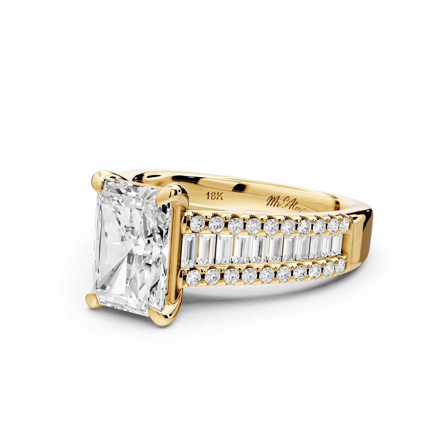 Estelle - 2ct 14k yellow gold radiant diamond with emerald and round cut accent stones half band cathedral engagement ring - Mr. Alex Jewelry