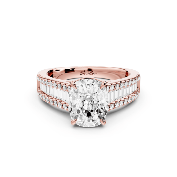 Estelle - 2ct 18k rose gold ecushion diamond with emerald and round cut accent stones half band cathedral engagement ring - Mr. Alex Jewelry