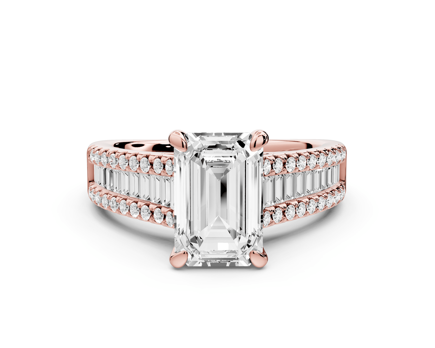 Estelle - 2ct 18k rose gold emerald diamond with emerald and round cut accent stones half band cathedral engagamengt ring - Mr. Alex Jewelry
