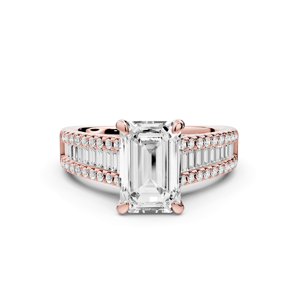 Estelle - 2ct 18k rose gold emerald diamond with emerald and round cut accent stones half band cathedral engagamengt ring - Mr. Alex Jewelry