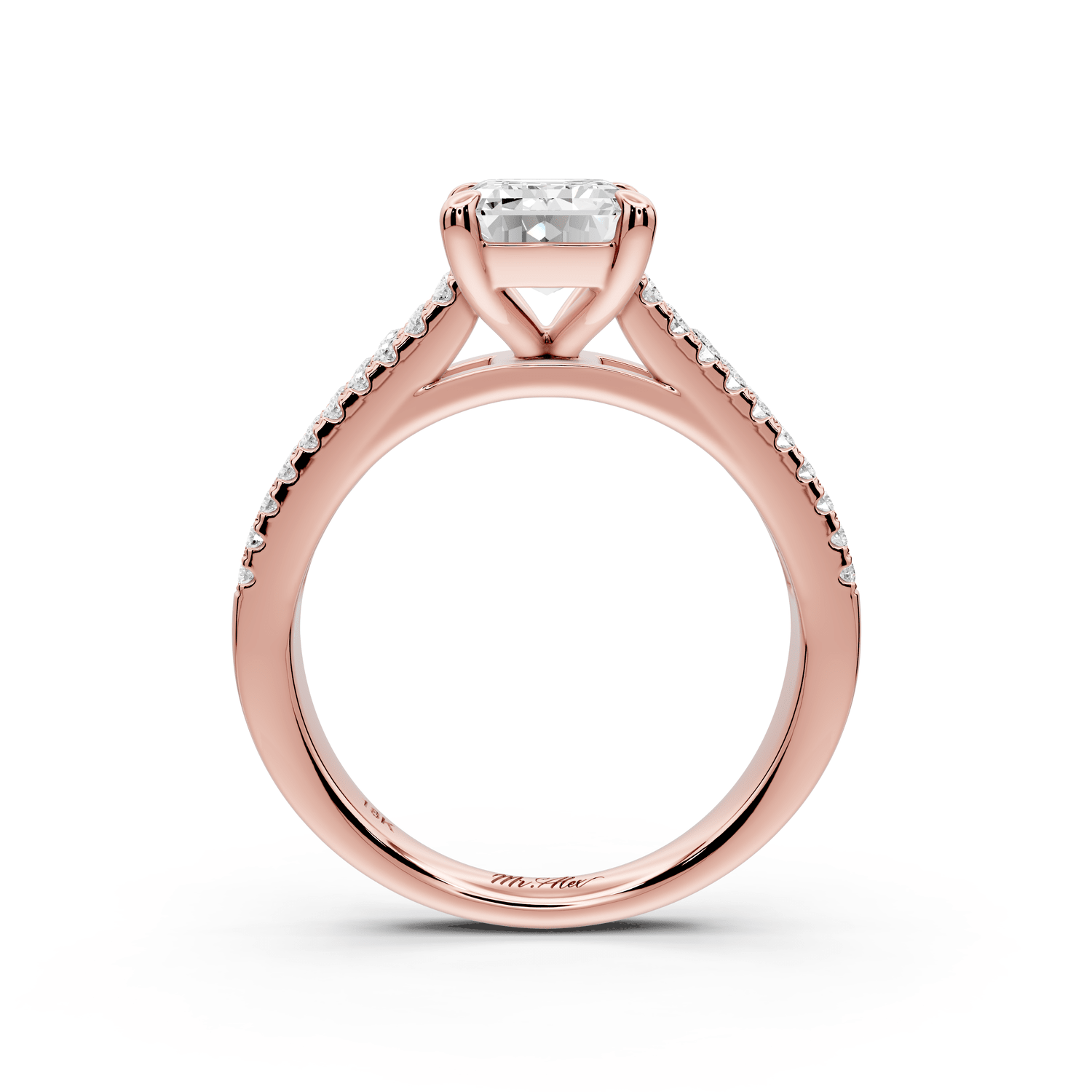 Estelle - 2ct 18k rose gold emerald diamond with emerald and round cut accent stones half band cathedral engagamengt ring - Mr. Alex Jewelry