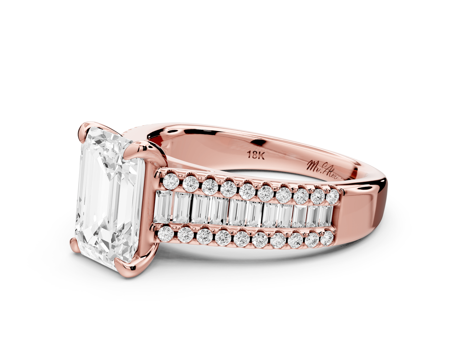 Estelle - 2ct 18k rose gold emerald diamond with emerald and round cut accent stones half band cathedral engagamengt ring - Mr. Alex Jewelry