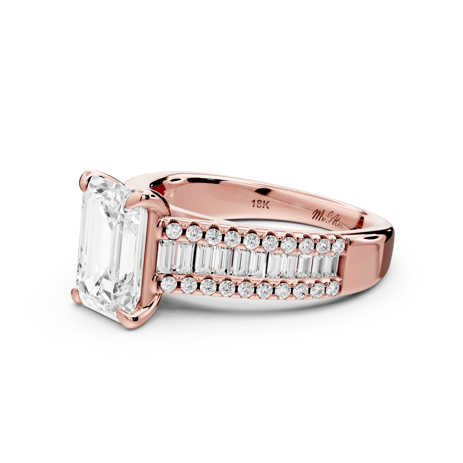 Estelle - 2ct 18k rose gold emerald diamond with emerald and round cut accent stones half band cathedral engagamengt ring - Mr. Alex Jewelry
