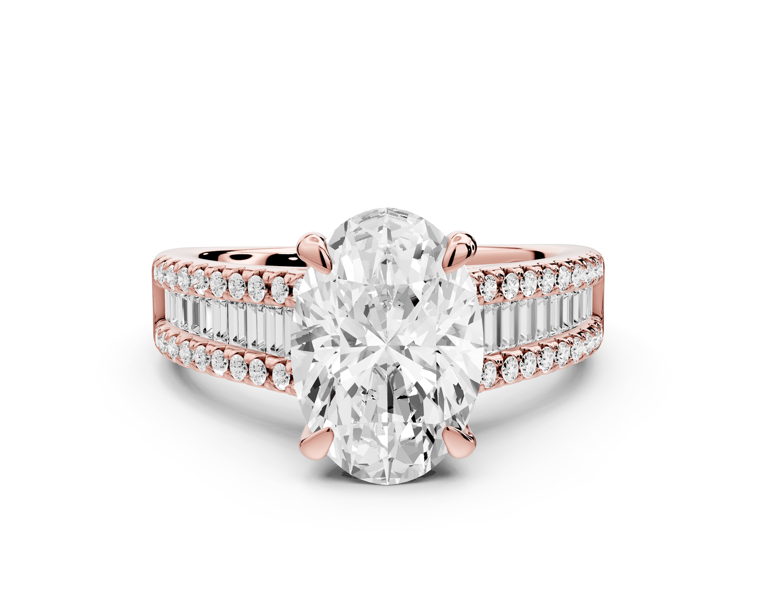 Estelle - 2ct 18k rose gold oval diamond with emerald and round cut accent stones half band cathedral engagamengt ring - Mr. Alex Jewelry