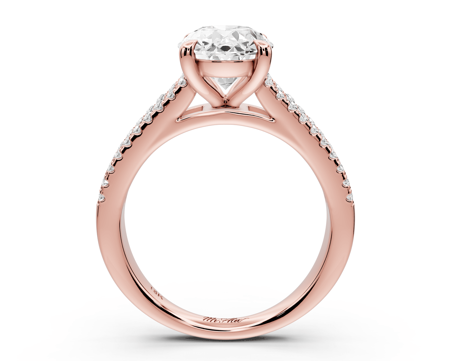 Estelle - 2ct 18k rose gold oval diamond with emerald and round cut accent stones half band cathedral engagamengt ring - Mr. Alex Jewelry