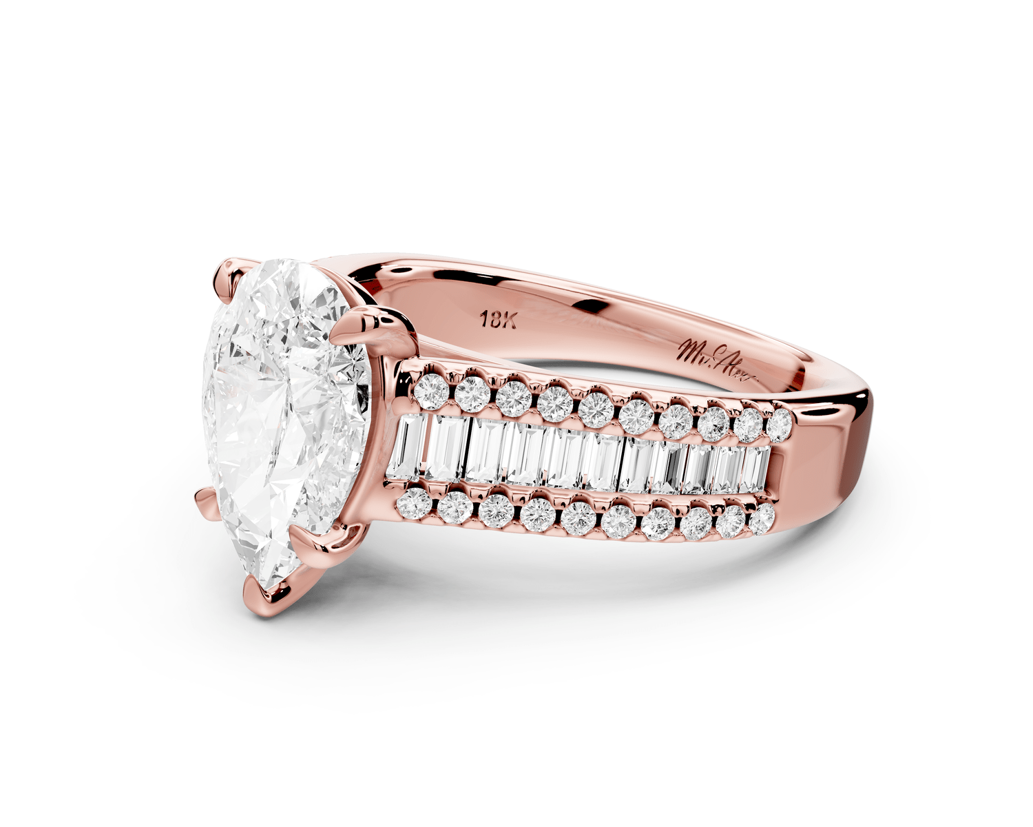 Estelle - 2ct 18k rose gold pear diamond with emerald and round cut accent stones half band cathedral engagamengt ring - Mr. Alex Jewelry