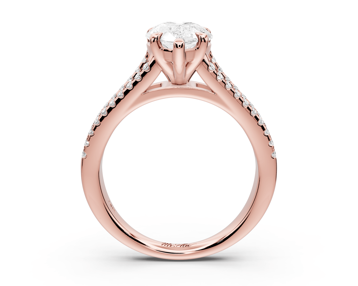Estelle - 2ct 18k rose gold pear diamond with emerald and round cut accent stones half band cathedral engagamengt ring - Mr. Alex Jewelry