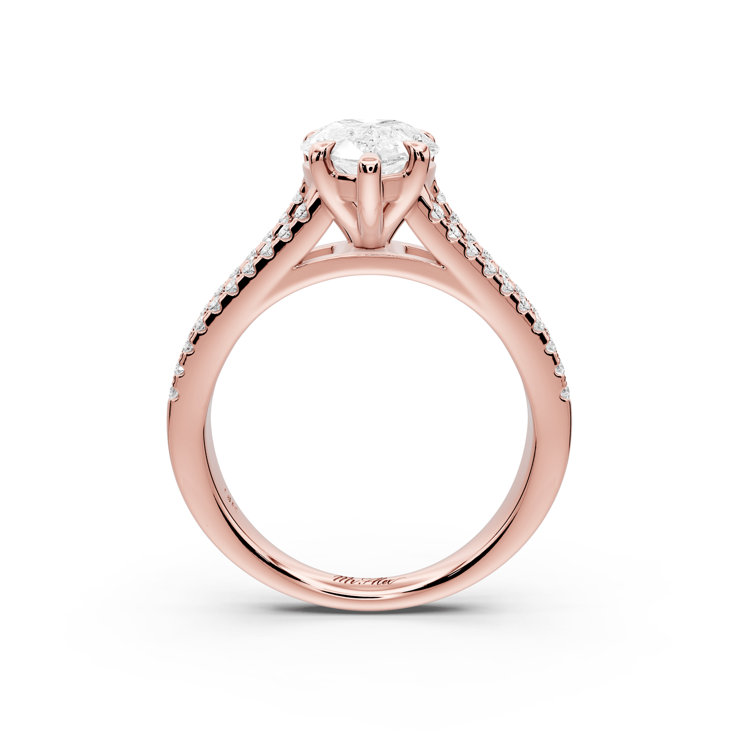 Estelle - 2ct 18k rose gold pear diamond with emerald and round cut accent stones half band cathedral engagamengt ring - Mr. Alex Jewelry