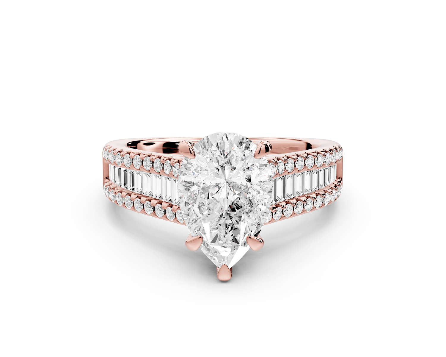 Estelle - 2ct 18k rose gold pear diamond with emerald and round cut accent stones half band cathedral engagamengt ring - Mr. Alex Jewelry