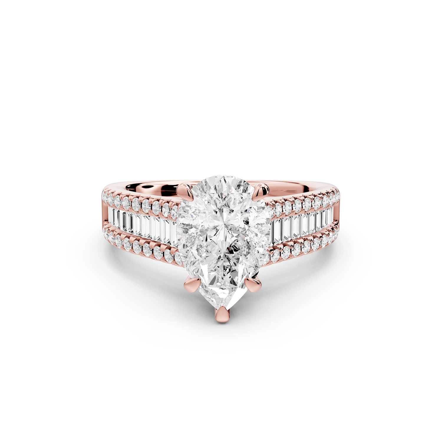 Estelle - 2ct 18k rose gold pear diamond with emerald and round cut accent stones half band cathedral engagamengt ring - Mr. Alex Jewelry