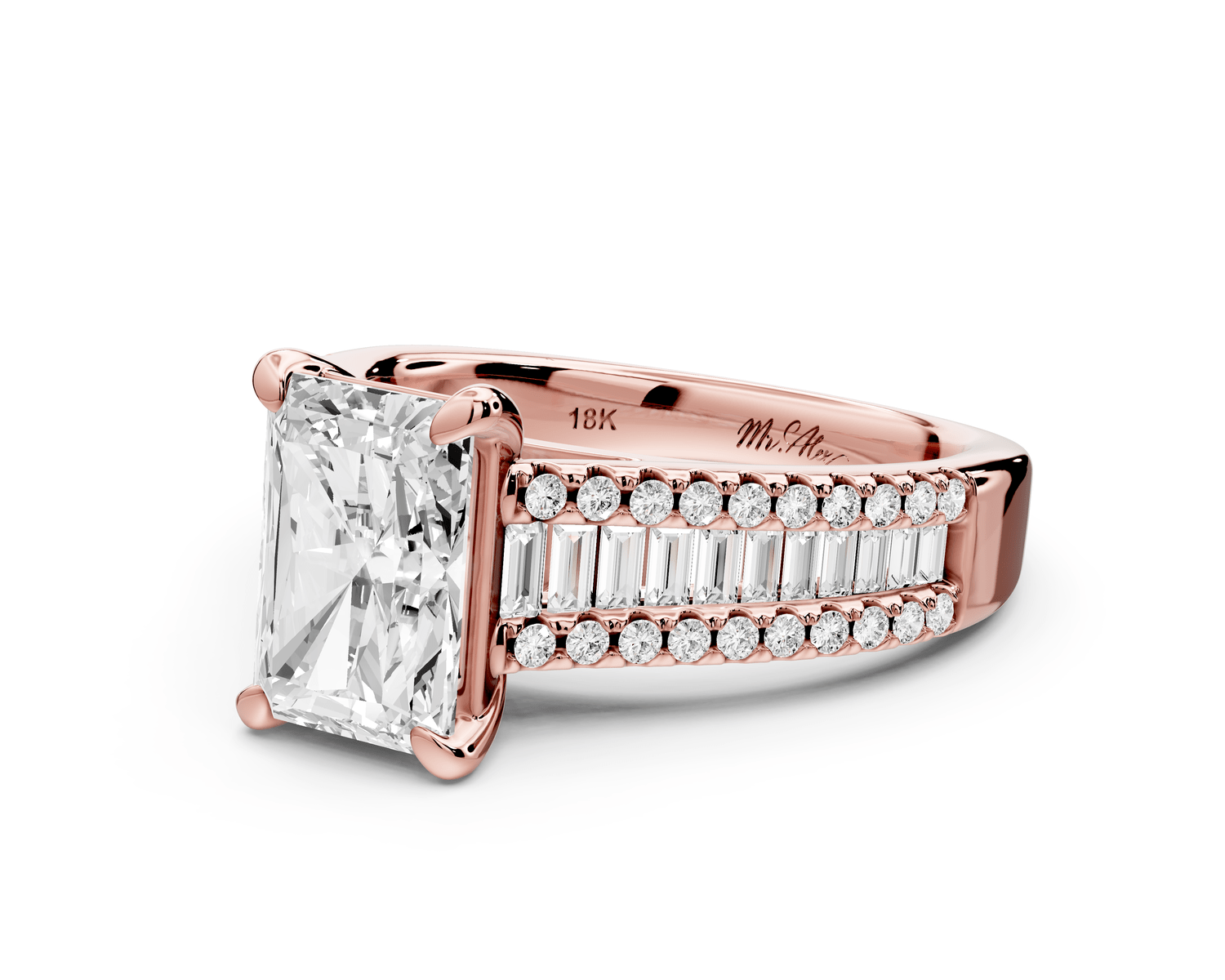 Estelle - 2ct 18k rose gold radiant diamond with emerald and round cut accent stones half band cathedral engagement ring - Mr. Alex Jewelry