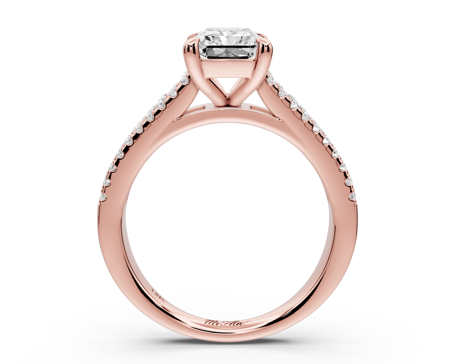 Estelle - 2ct 18k rose gold radiant diamond with emerald and round cut accent stones half band cathedral engagement ring - Mr. Alex Jewelry