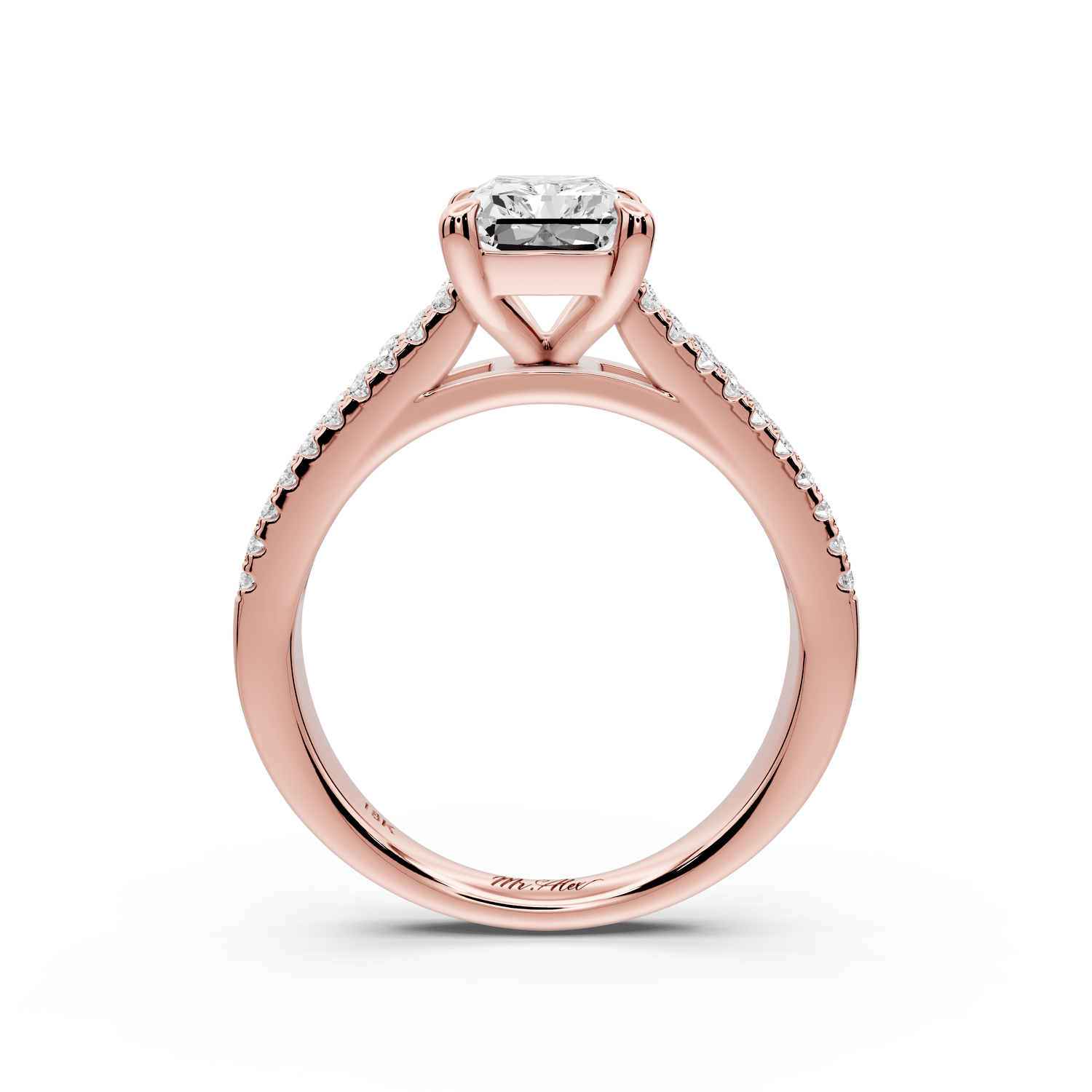 Estelle - 2ct 18k rose gold radiant diamond with emerald and round cut accent stones half band cathedral engagement ring - Mr. Alex Jewelry