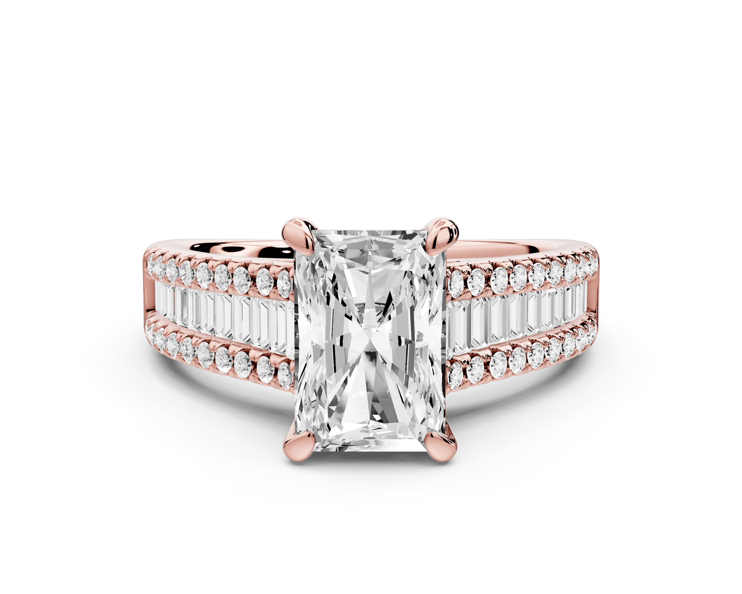 Estelle - 2ct 18k rose gold radiant diamond with emerald and round cut accent stones half band cathedral engagement ring - Mr. Alex Jewelry