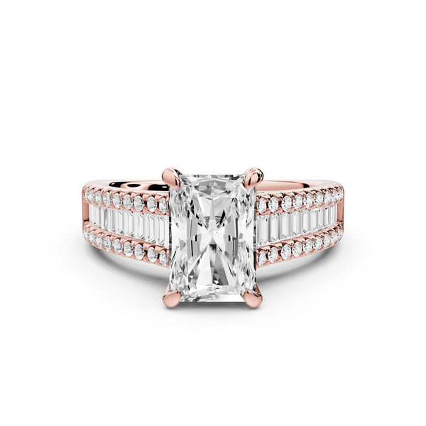 Estelle - 2ct 18k rose gold radiant diamond with emerald and round cut accent stones half band cathedral engagement ring - Mr. Alex Jewelry