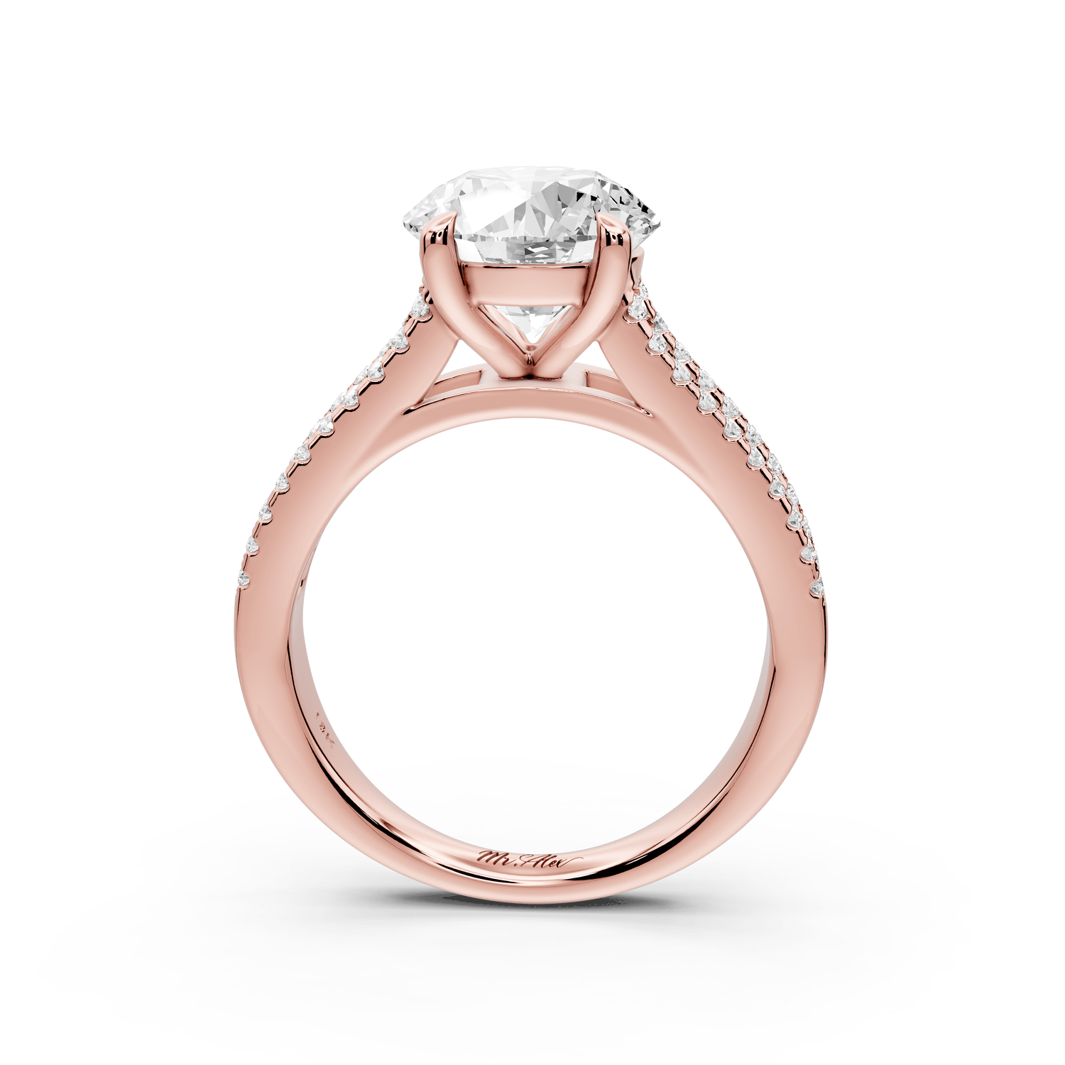 Estelle - 2ct 18k rose gold round diamond with emerald and round cut accent stones half band cathedral engagamengt ring - Mr. Alex Jewelry