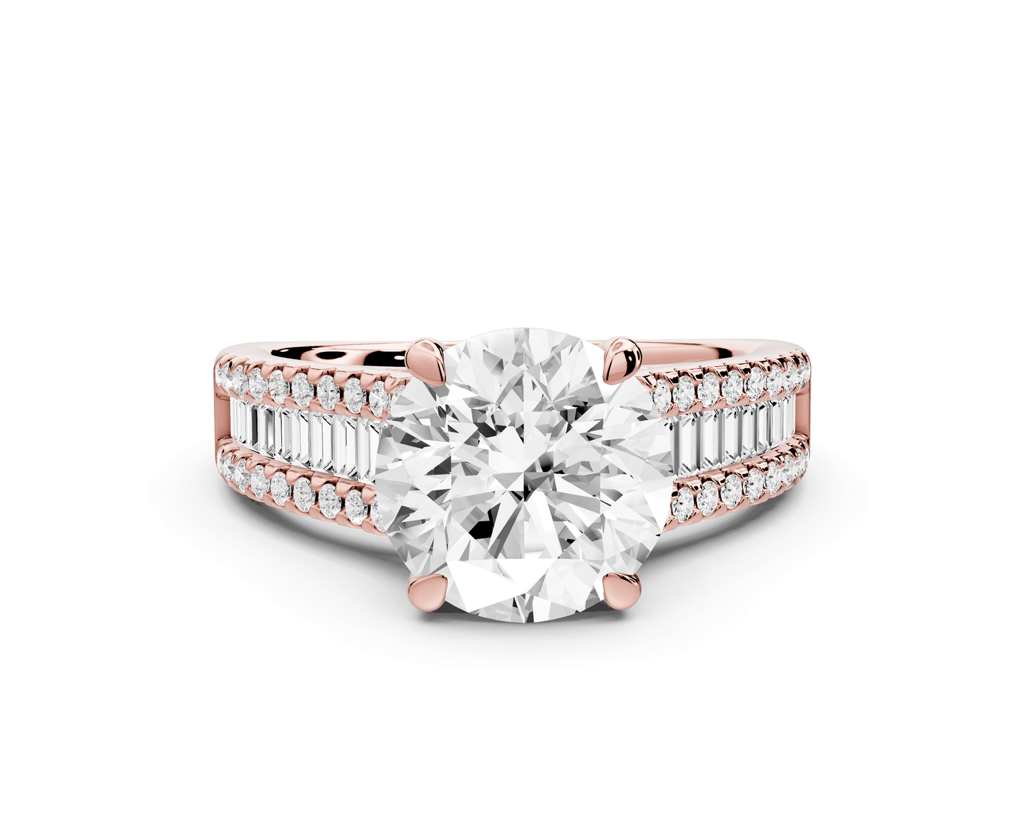 Estelle - 2ct 18k rose gold round diamond with emerald and round cut accent stones half band cathedral engagamengt ring - Mr. Alex Jewelry