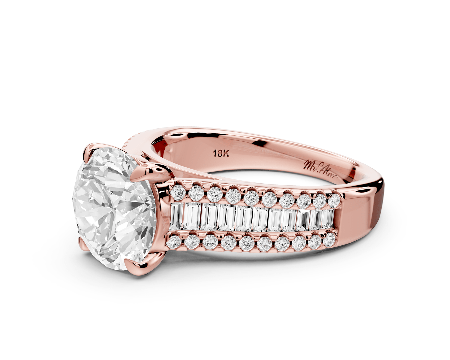 Estelle - 2ct 18k rose gold round diamond with emerald and round cut accent stones half band cathedral engagamengt ring - Mr. Alex Jewelry