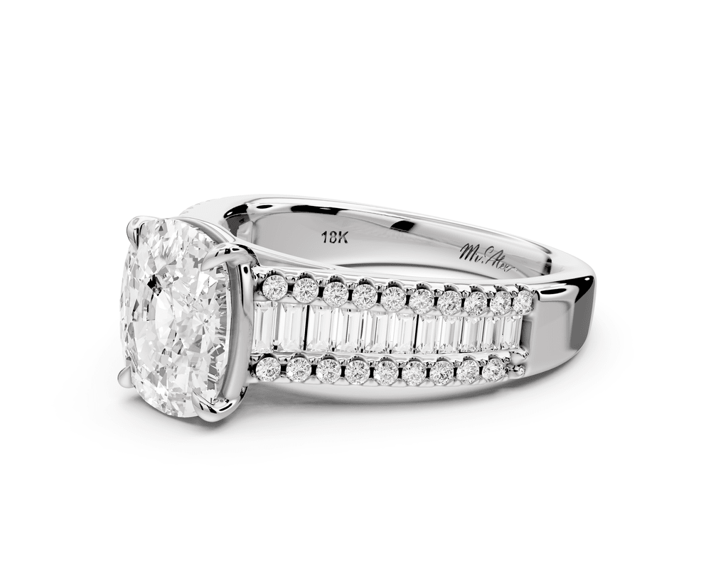 Estelle - 2ct 18k white gold ecushion diamond with emerald and round cut accent stones half band cathedral engagement ring - Mr. Alex Jewelry