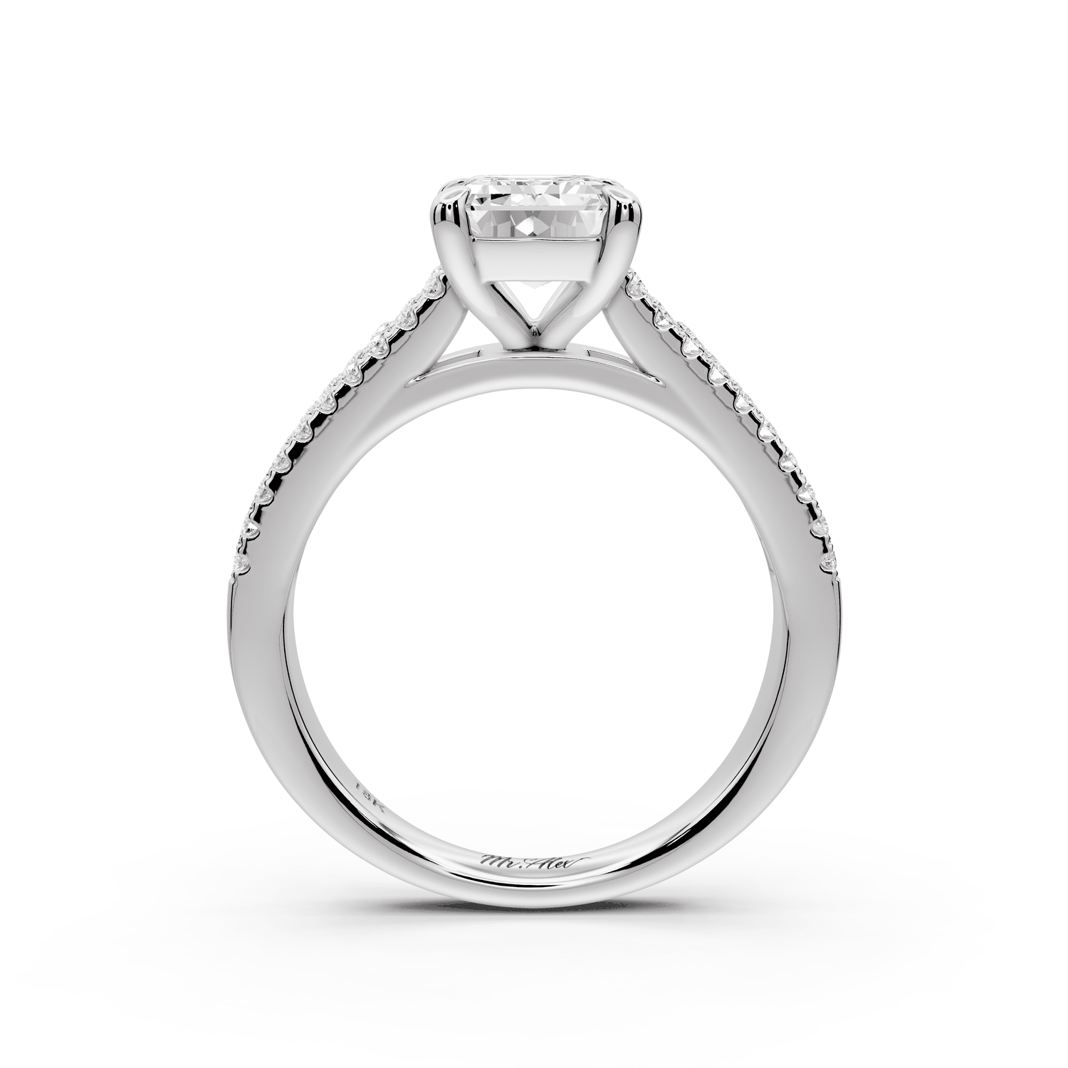 Estelle - 2ct 18k white gold emerald diamond with emerald and round cut accent stones half band cathedral engagamengt ring - Mr. Alex Jewelry