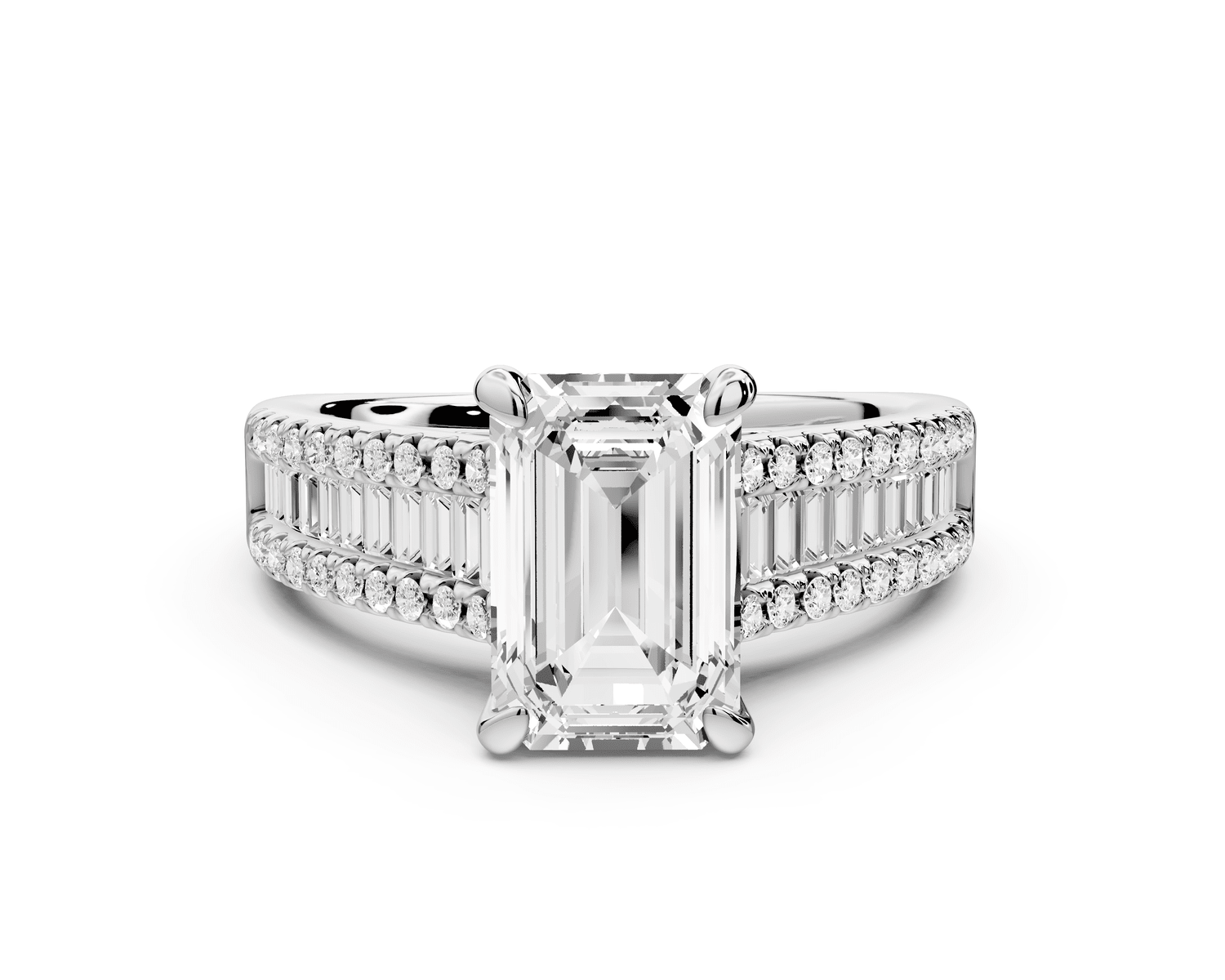 Estelle - 2ct 18k white gold emerald diamond with emerald and round cut accent stones half band cathedral engagamengt ring - Mr. Alex Jewelry