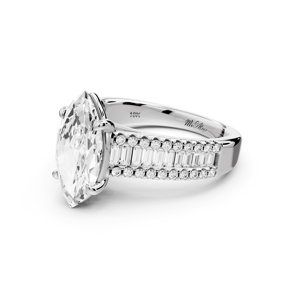 Estelle - 2ct 18k white gold marquise diamond with emerald and round cut accent stones half band cathedral engagement ring - Mr. Alex Jewelry