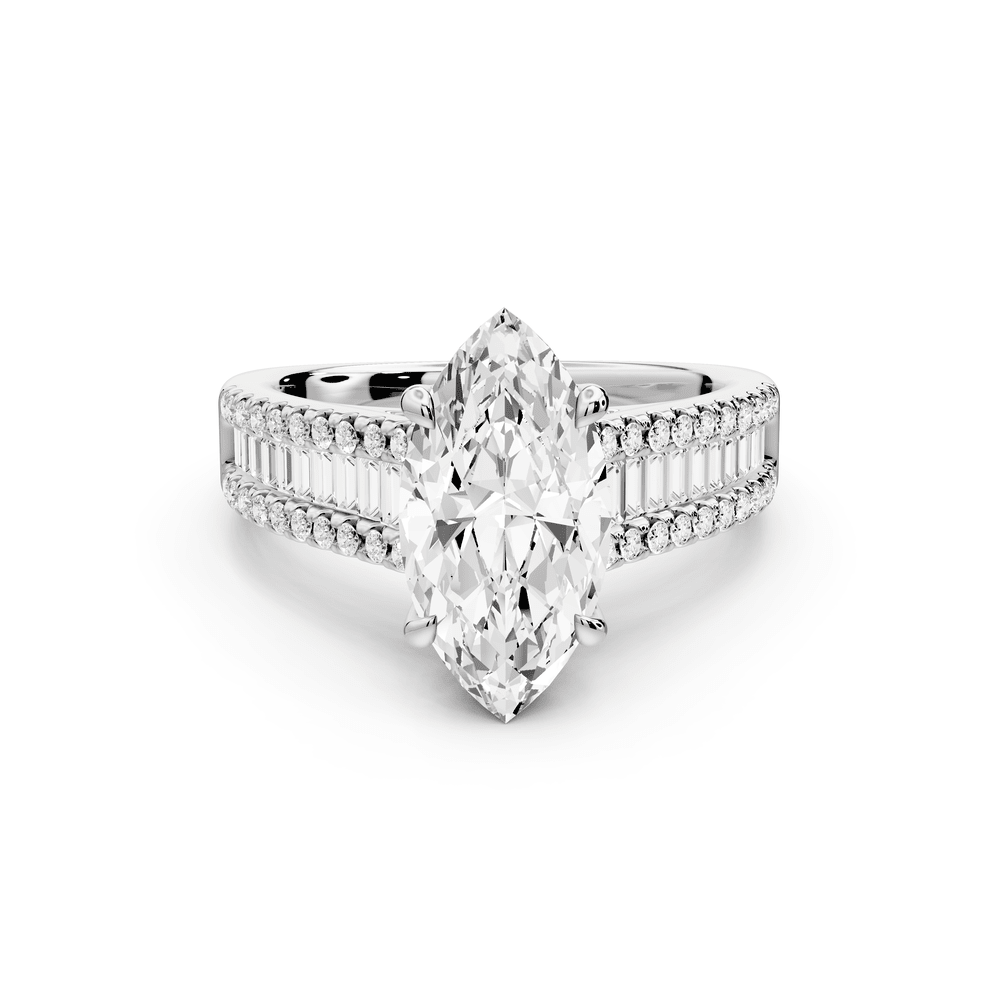 Estelle - 2ct 18k white gold marquise diamond with emerald and round cut accent stones half band cathedral engagement ring - Mr. Alex Jewelry