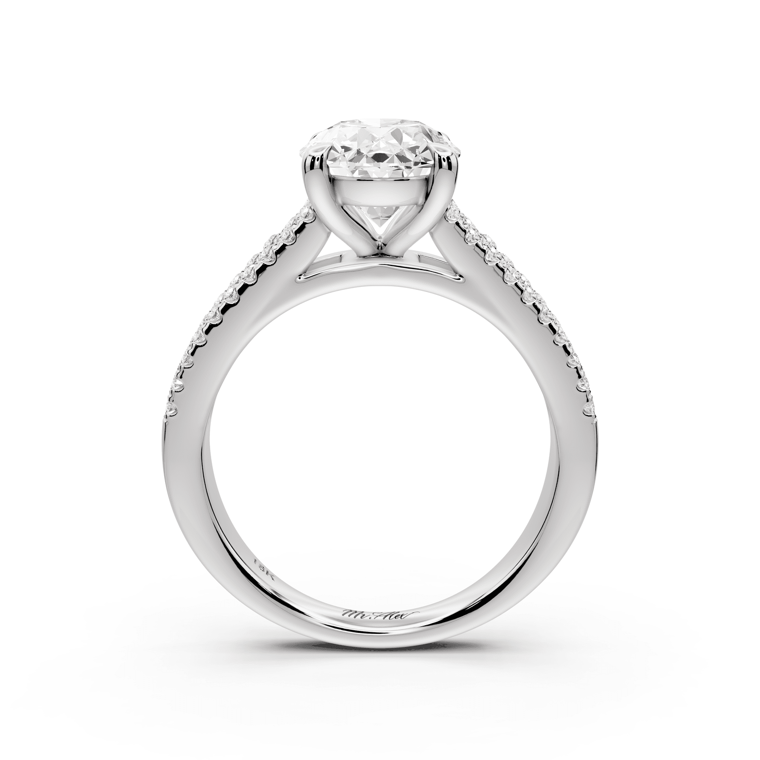 Estelle - 2ct 18k white gold oval diamond with emerald and round cut accent stones half band cathedral engagamengt ring - Mr. Alex Jewelry