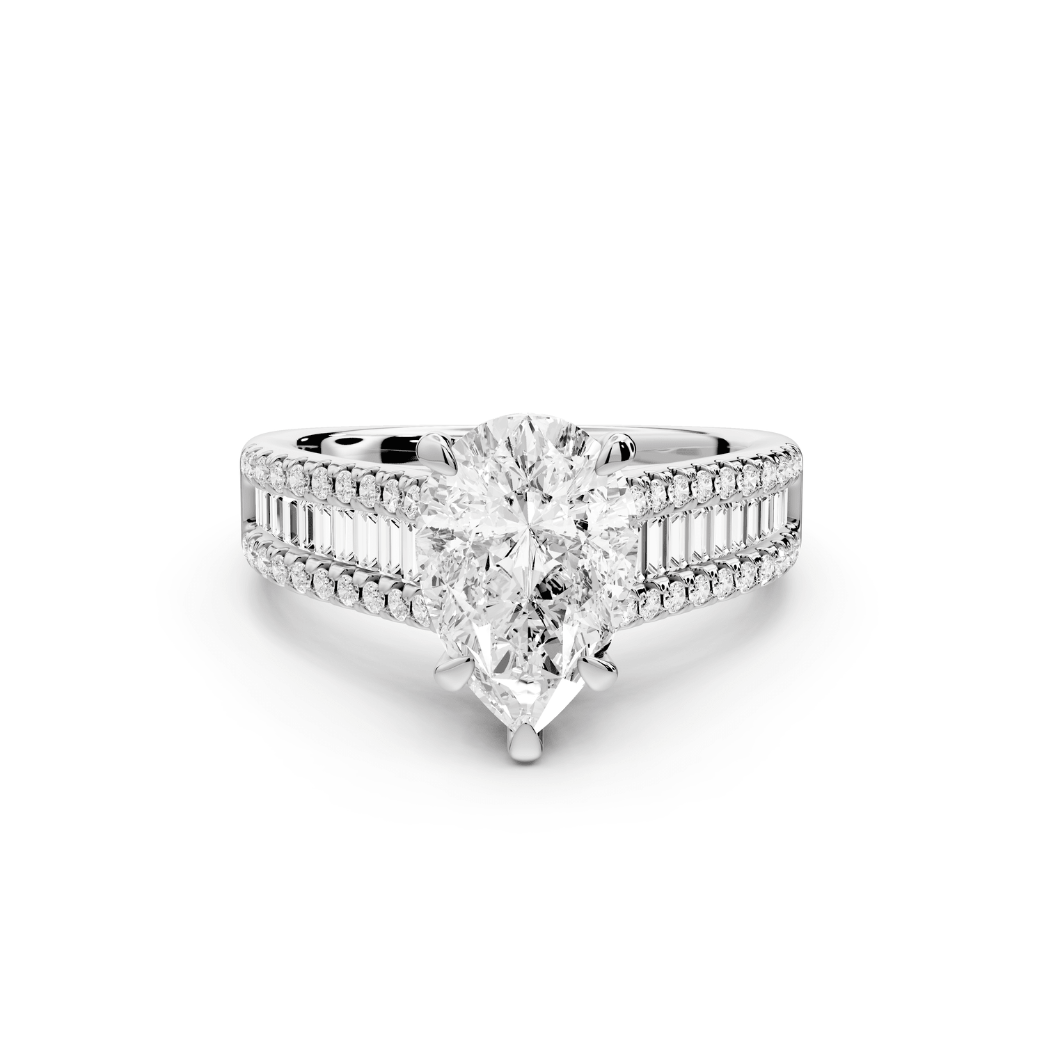 Estelle - 2ct 18k white gold pear diamond with emerald and round cut accent stones half band cathedral engagamengt ring - Mr. Alex Jewelry