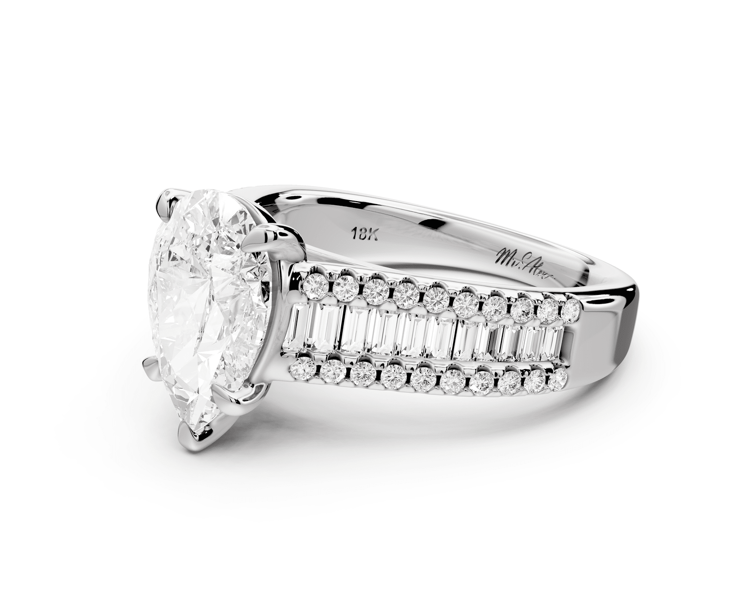 Estelle - 2ct 18k white gold pear diamond with emerald and round cut accent stones half band cathedral engagamengt ring - Mr. Alex Jewelry