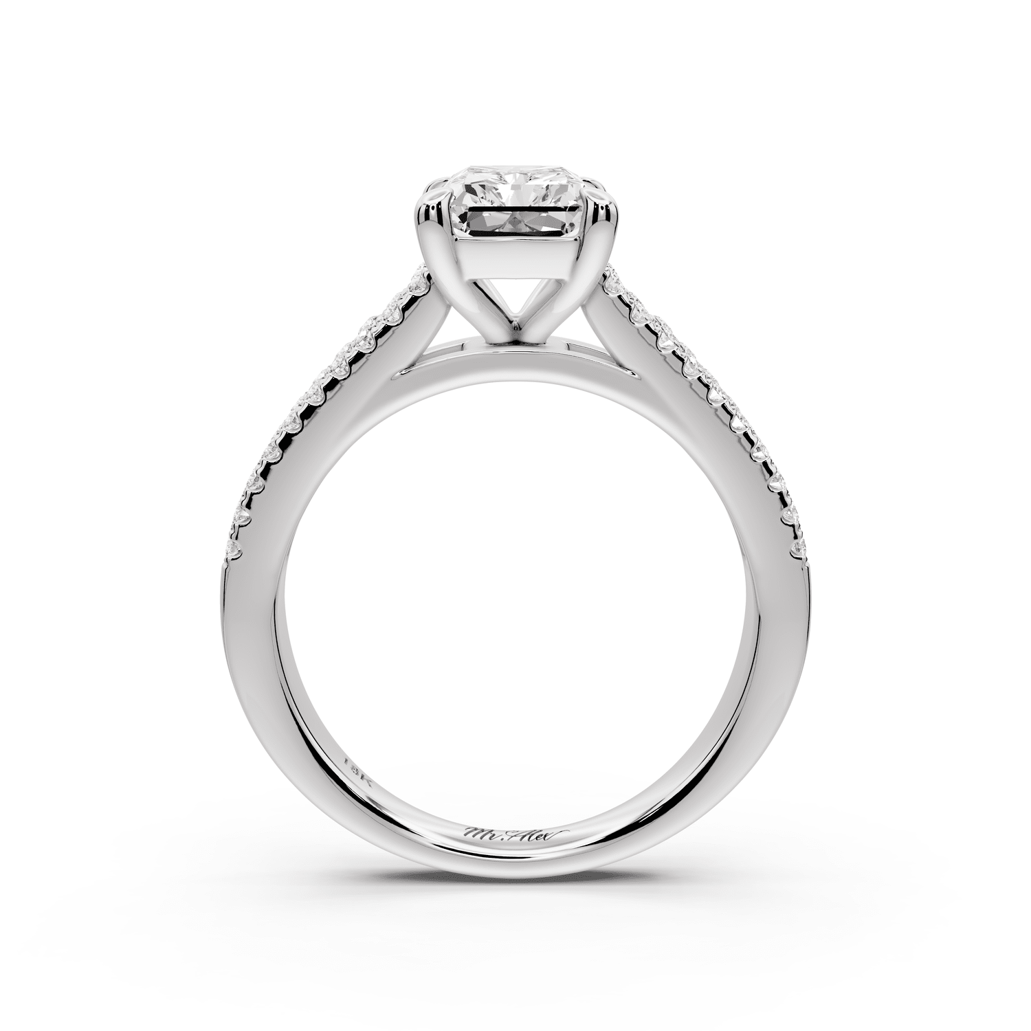 Estelle - 2ct 18k white gold radiant diamond with emerald and round cut accent stones half band cathedral engagement ring - Mr. Alex Jewelry