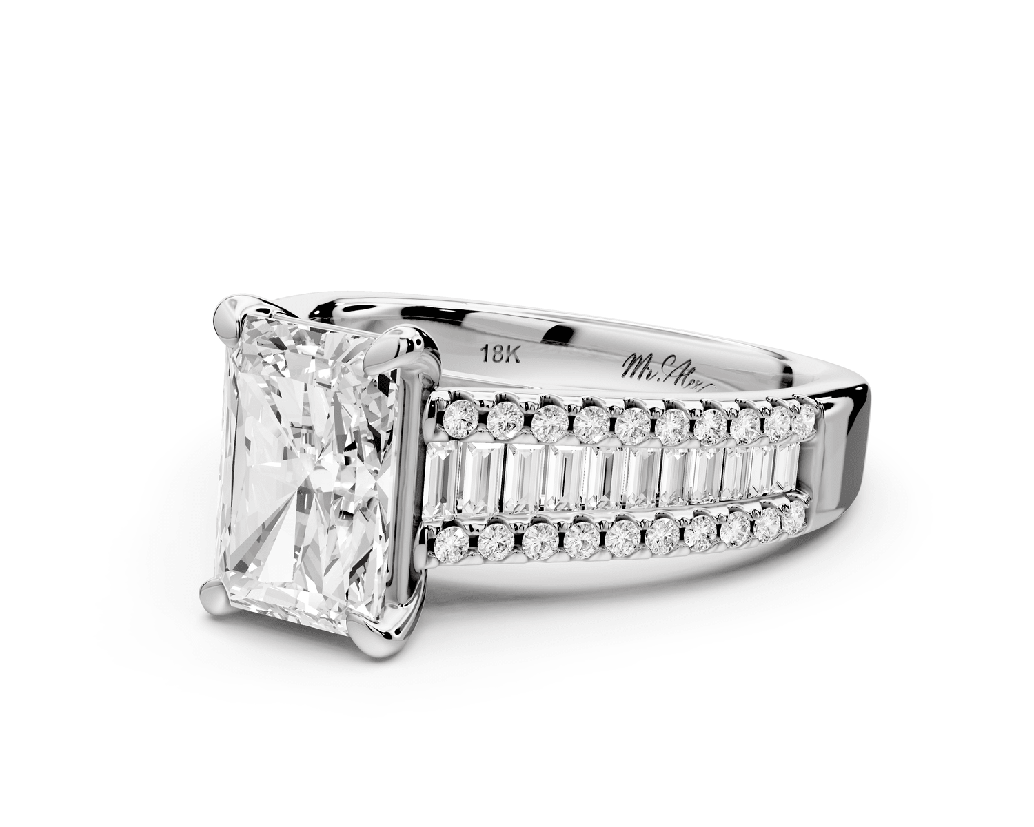 Estelle - 2ct 18k white gold radiant diamond with emerald and round cut accent stones half band cathedral engagement ring - Mr. Alex Jewelry