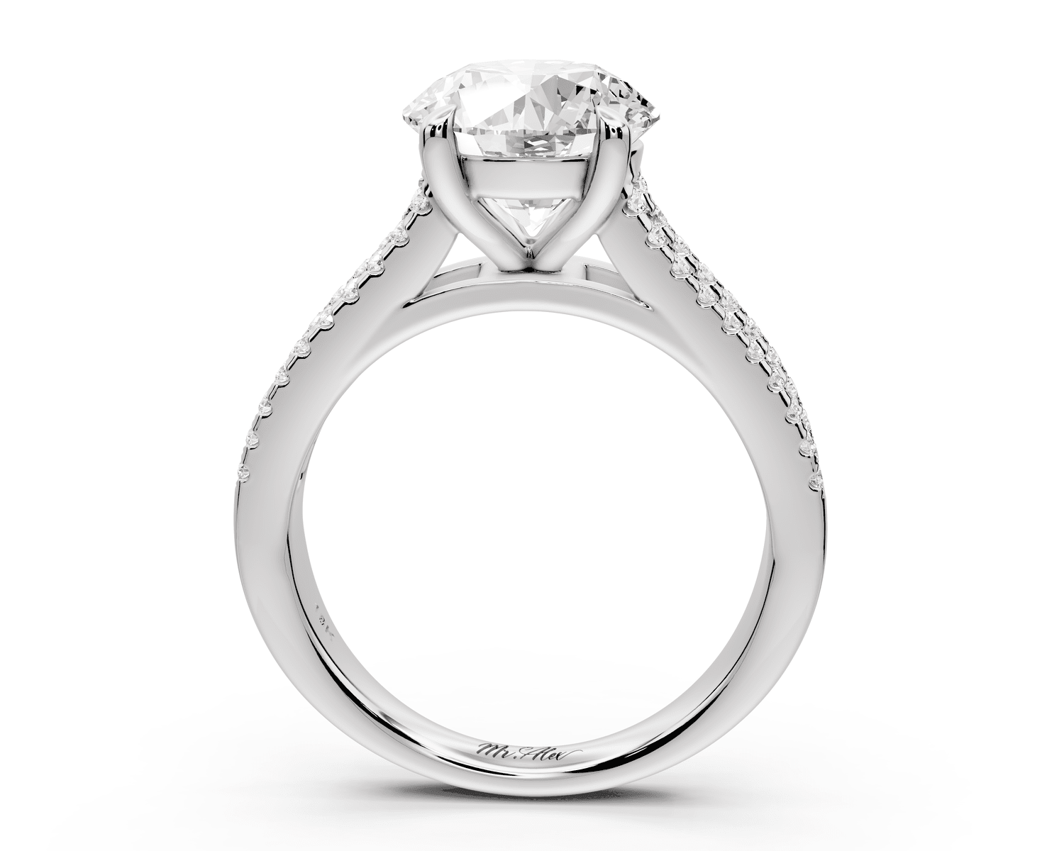 Estelle - 2ct 18k white gold round diamond with emerald and round cut accent stones half band cathedral engagamengt ring - Mr. Alex Jewelry