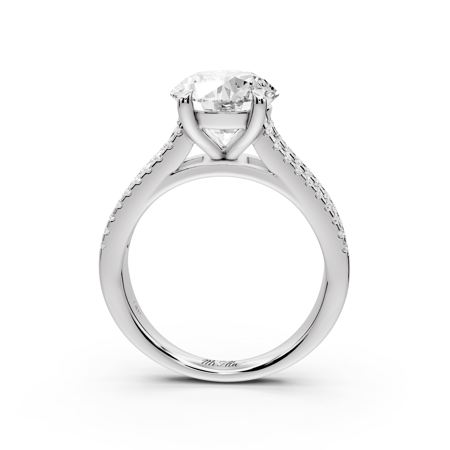 Estelle - 2ct 18k white gold round diamond with emerald and round cut accent stones half band cathedral engagamengt ring - Mr. Alex Jewelry