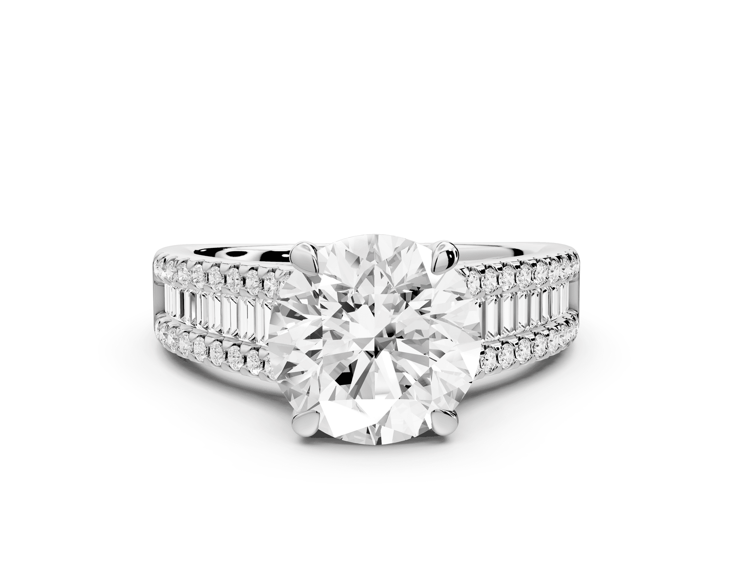 Estelle - 2ct 18k white gold round diamond with emerald and round cut accent stones half band cathedral engagamengt ring - Mr. Alex Jewelry