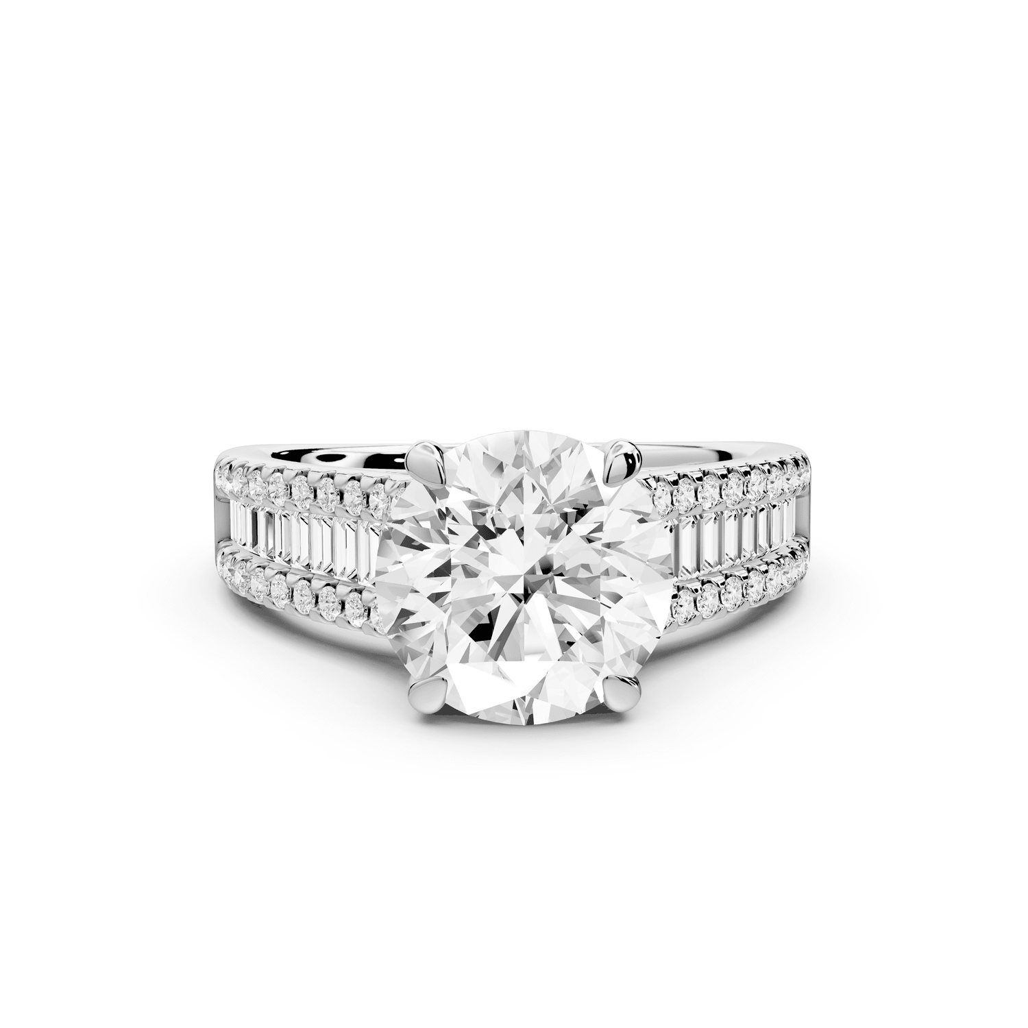 Estelle - 2ct 18k white gold round diamond with emerald and round cut accent stones half band cathedral engagamengt ring - Mr. Alex Jewelry
