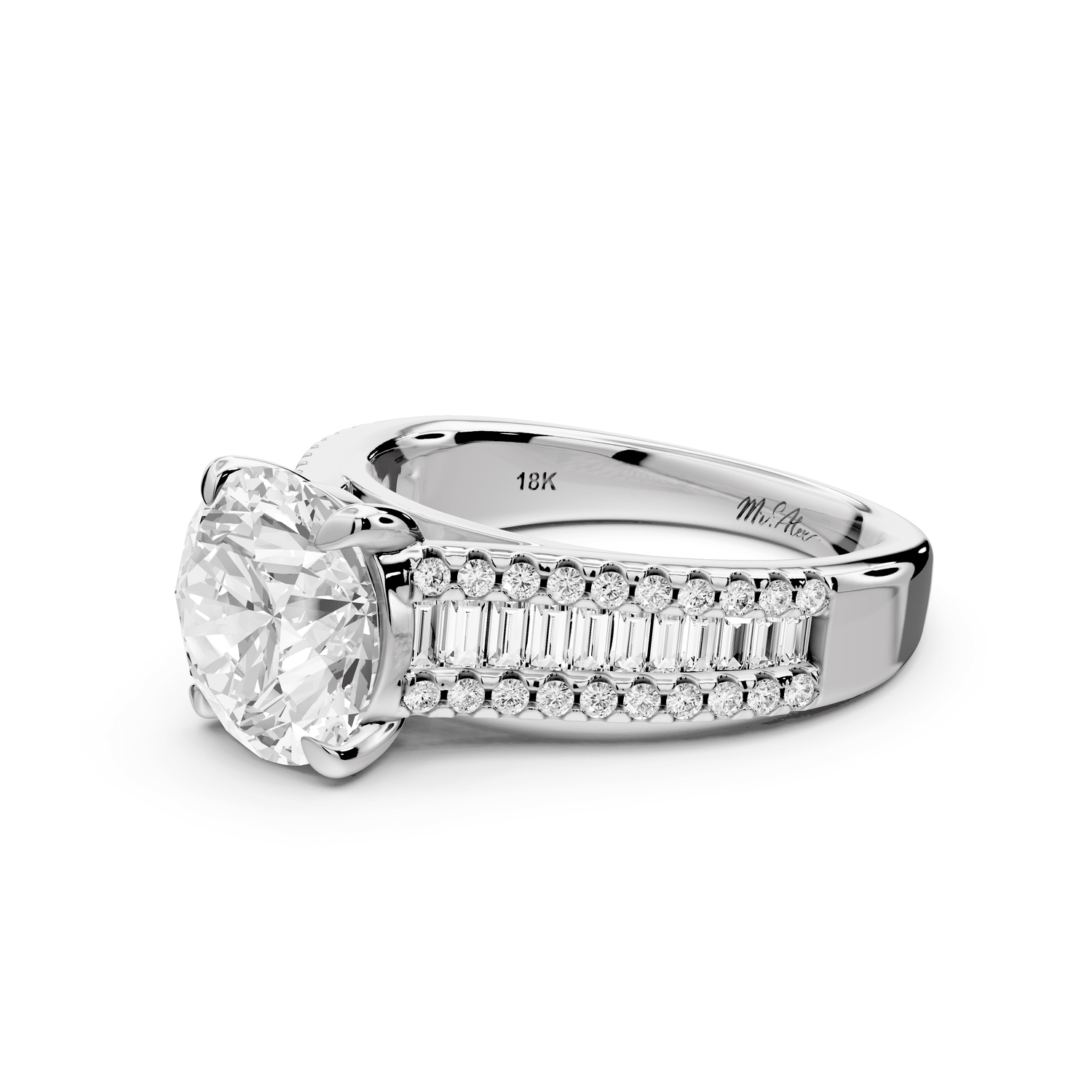 Estelle - 2ct 18k white gold round diamond with emerald and round cut accent stones half band cathedral engagamengt ring - Mr. Alex Jewelry