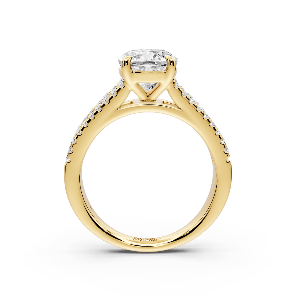 Estelle - 2ct 18k yellow gold cushion diamond with emerald and round cut accent stones half band cathedral engagement ring - Mr. Alex Jewelry