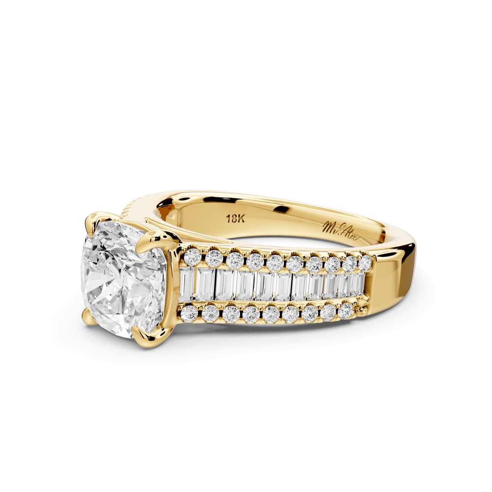 Estelle - 2ct 18k yellow gold cushion diamond with emerald and round cut accent stones half band cathedral engagement ring - Mr. Alex Jewelry