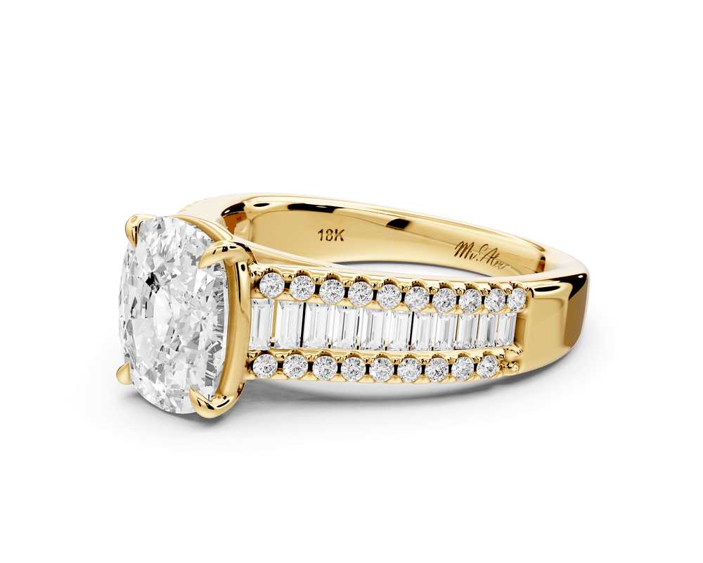 Estelle - 2ct 18k yellow gold ecushion diamond with emerald and round cut accent stones half band cathedral engagement ring - Mr. Alex Jewelry