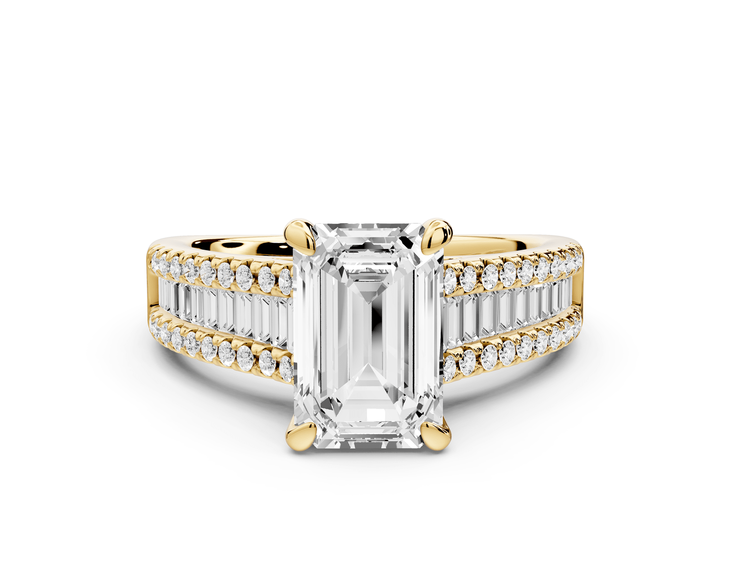 Estelle - 2ct 18k yellow gold emerald diamond with emerald and round cut accent stones half band cathedral engagamengt ring - Mr. Alex Jewelry