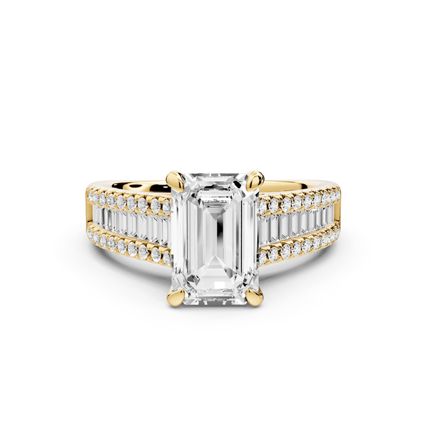 Estelle - 2ct 18k yellow gold emerald diamond with emerald and round cut accent stones half band cathedral engagamengt ring - Mr. Alex Jewelry