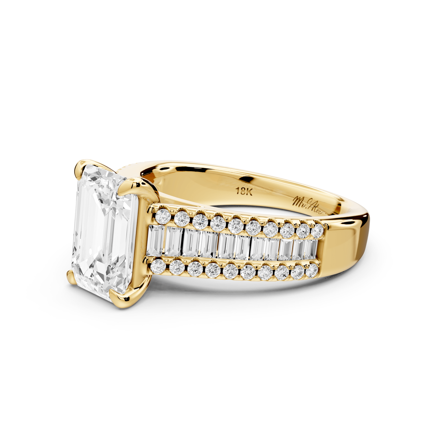 Estelle - 2ct 18k yellow gold emerald diamond with emerald and round cut accent stones half band cathedral engagamengt ring - Mr. Alex Jewelry