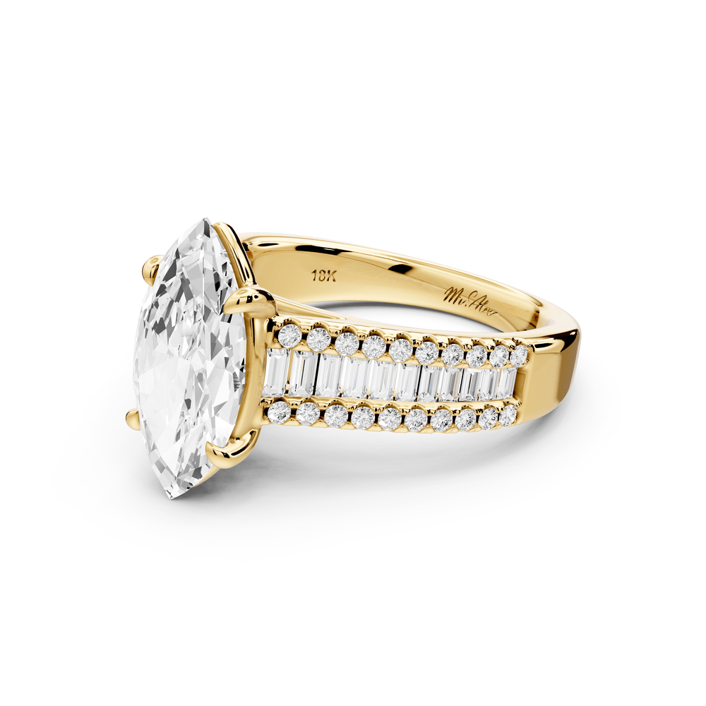 Estelle - 2ct 18k yellow gold marquise diamond with emerald and round cut accent stones half band cathedral engagement ring - Mr. Alex Jewelry