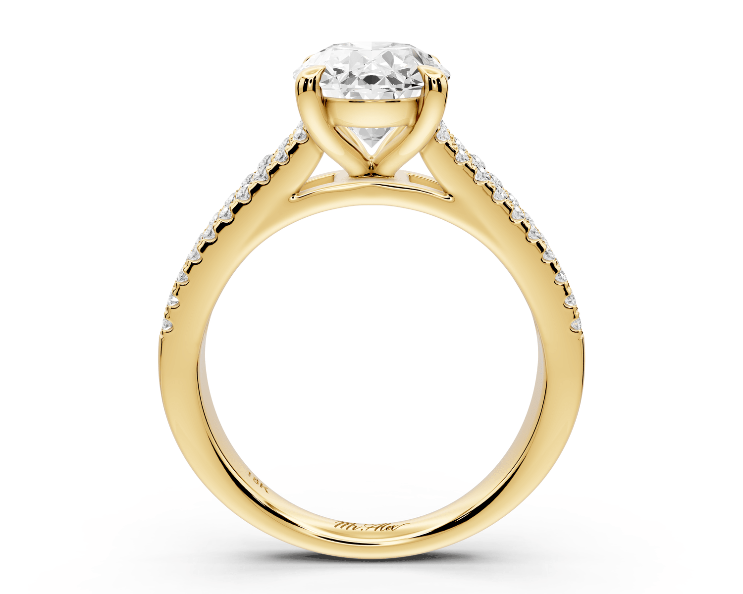 Estelle - 2ct 18k yellow gold oval diamond with emerald and round cut accent stones half band cathedral engagamengt ring - Mr. Alex Jewelry