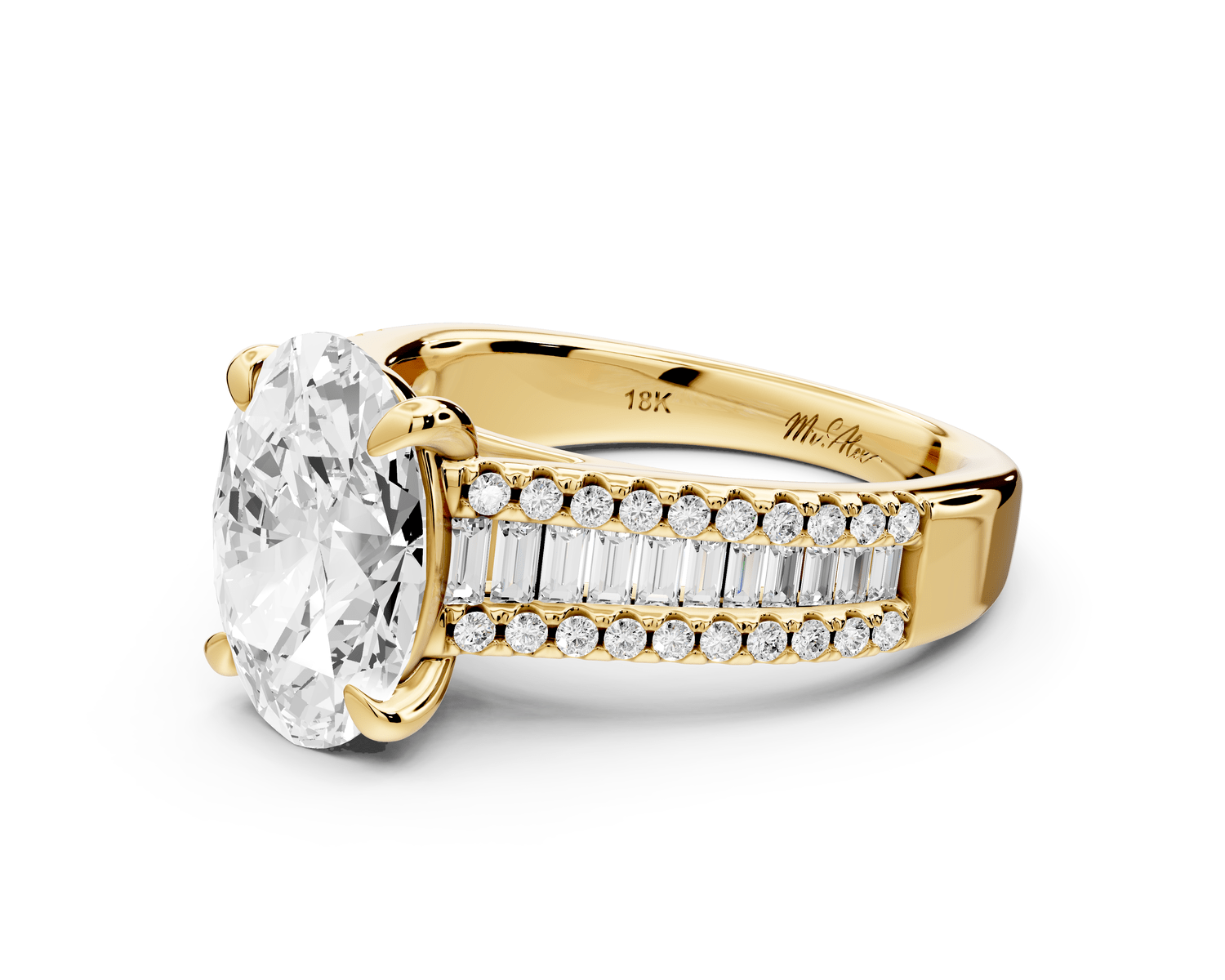 Estelle - 2ct 18k yellow gold oval diamond with emerald and round cut accent stones half band cathedral engagamengt ring - Mr. Alex Jewelry