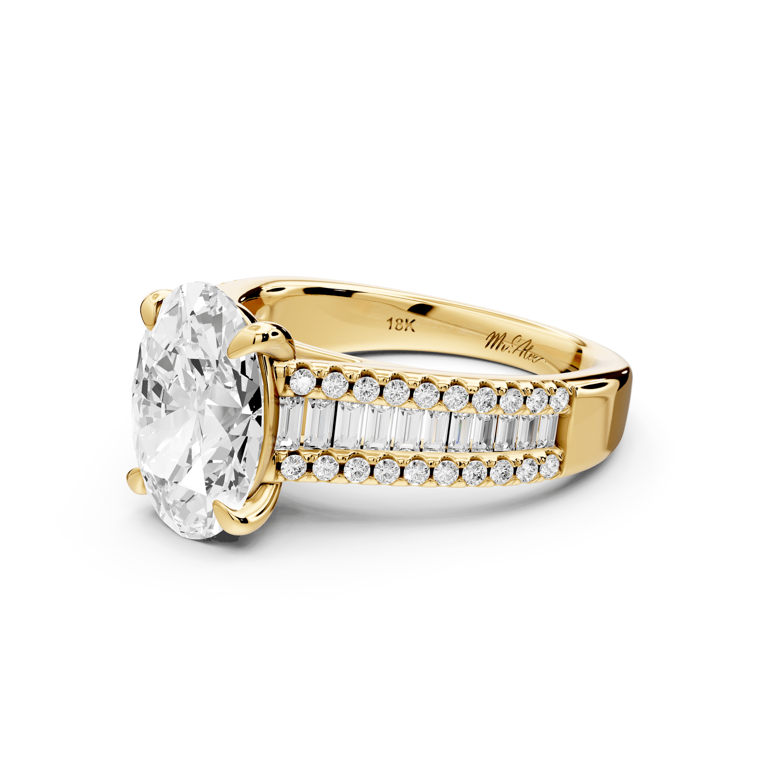 Estelle - 2ct 18k yellow gold oval diamond with emerald and round cut accent stones half band cathedral engagamengt ring - Mr. Alex Jewelry