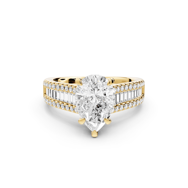 Estelle - 2ct 18k yellow gold pear diamond with emerald and round cut accent stones half band cathedral engagamengt ring - Mr. Alex Jewelry