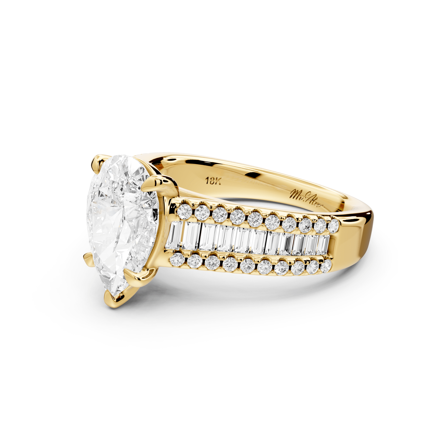 Estelle - 2ct 18k yellow gold pear diamond with emerald and round cut accent stones half band cathedral engagamengt ring - Mr. Alex Jewelry